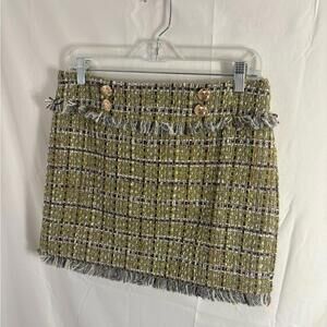 NWT Walter Baker Chartreuse Green Preppy Tweed Fringe Mini Skirt Women’s Size 6